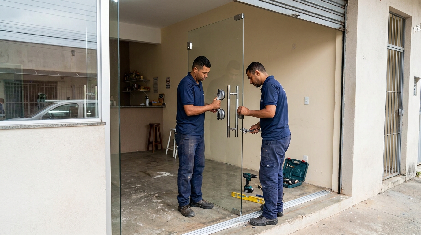 Dupla instalando porta de vidro em loja em Natal-RN