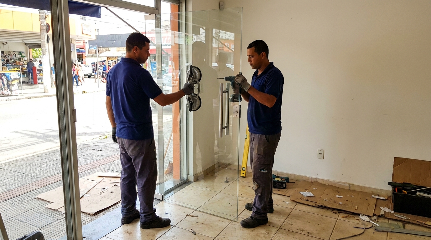 Porta de vidro de loja em rua movimentada em Natal-RN